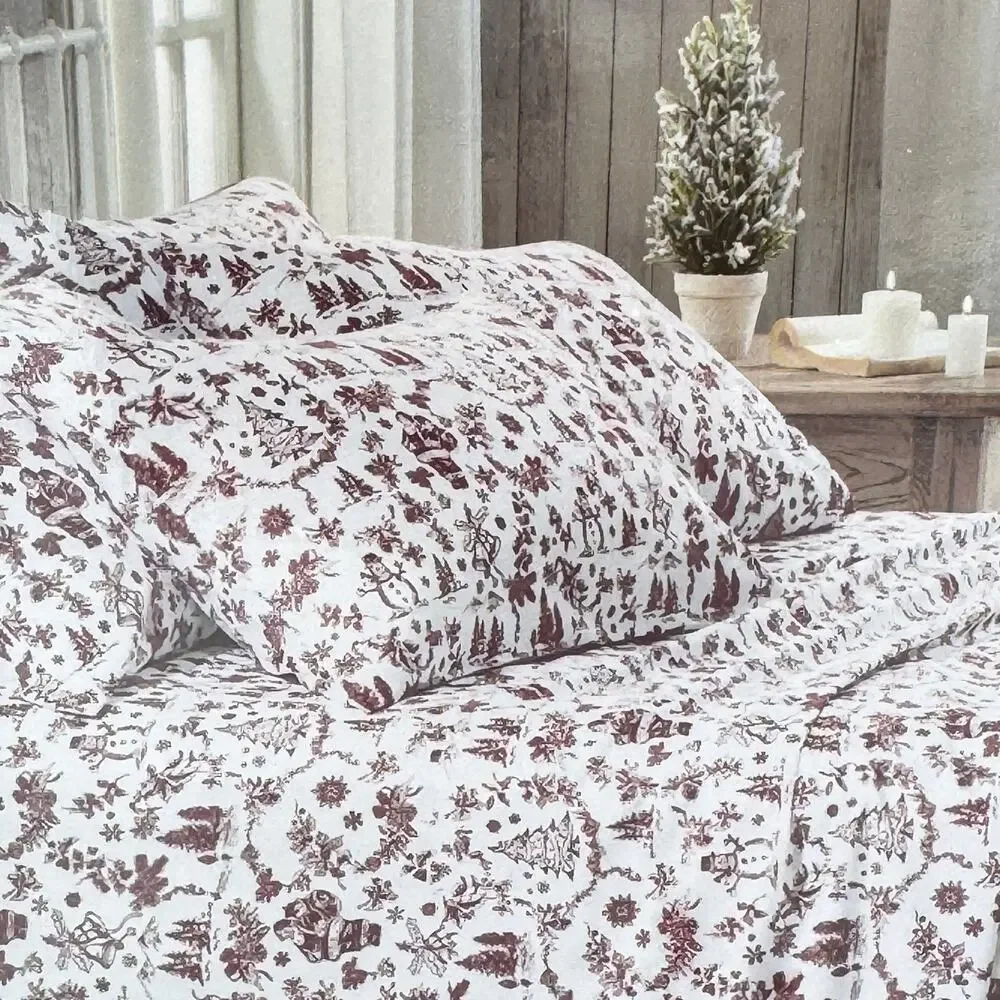 Wendy Bellissimo 6pc KING Santa Snowman Bells Red Winter Christmas Sheet Set NEW